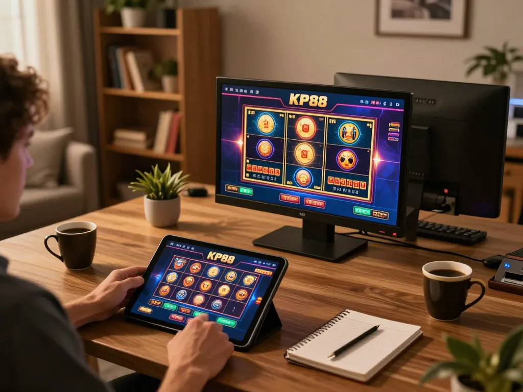Engaging in gameplay on KP88 tablet in cozy home office environment, surrounded by strategy notes and warm lighting.