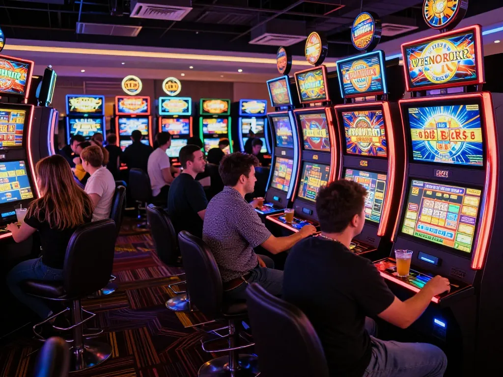 Players enjoying the vibrant atmosphere of oxbet's slot machines, celebrating wins in a lively casino.