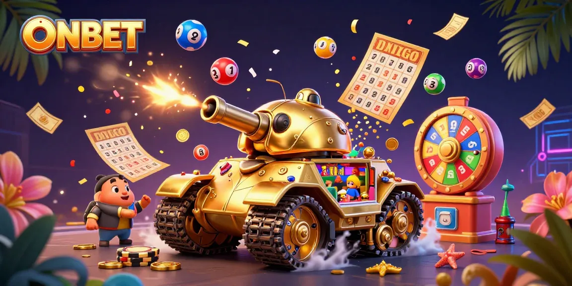 Experience the excitement of ONBET with a vibrant 3D casino scene full of games and lottery elements.