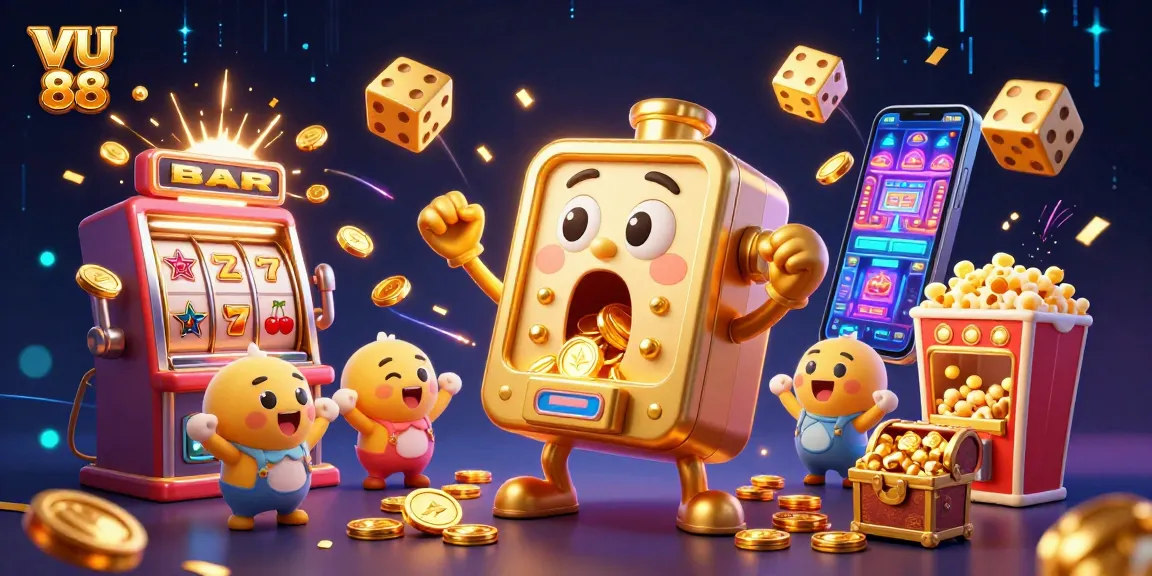 Experience wins with VU 88's lively slot machines amidst a cascade of coins and jackpots.