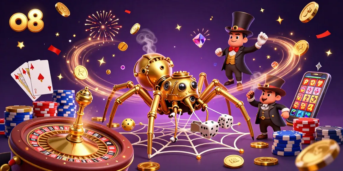 o8 offers a lively casino experience as a golden spider weaves a web of chance amidst dynamic gaming elements.