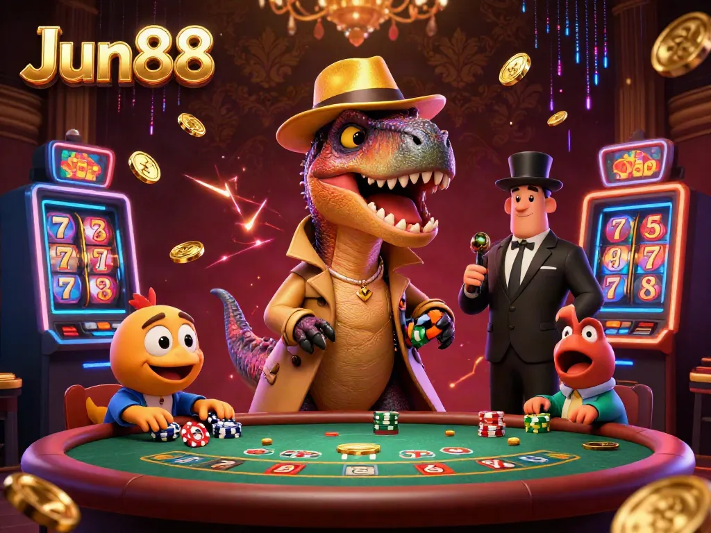 Jun88 offers an exciting blackjack scene featuring a 3D velociraptor card counter and a suspicious stegosaurus pit boss.