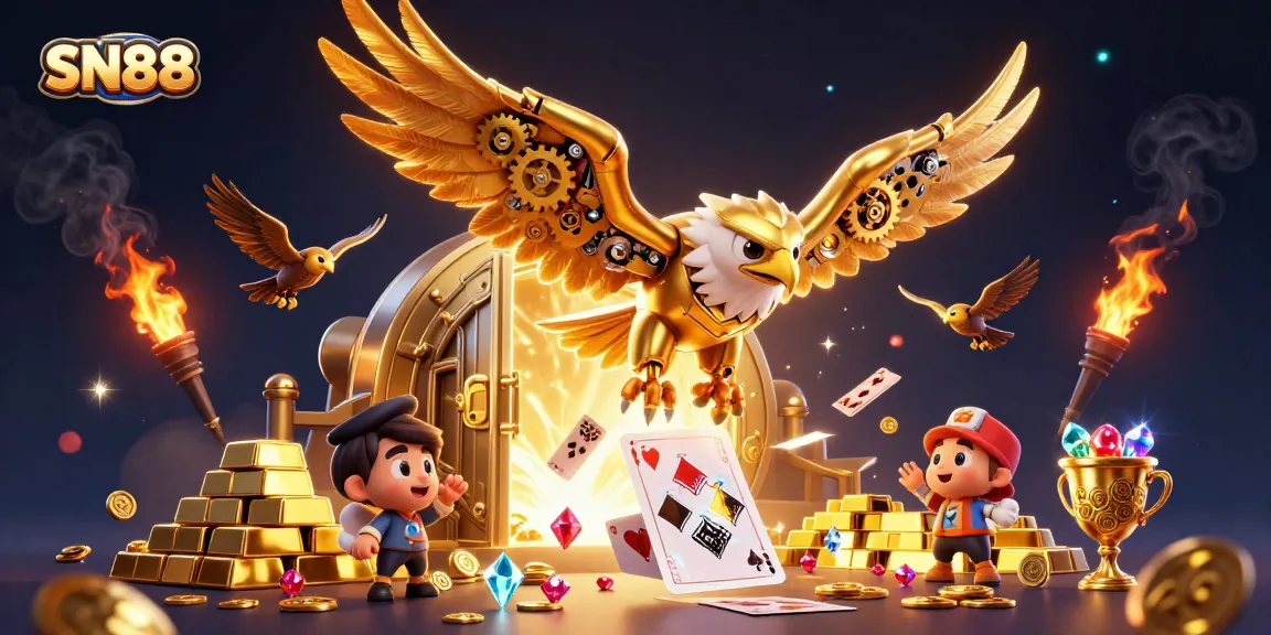 Experience thrilling betting action at SN88 with our 3D vibrant casino illustration featuring golden eagles and treasure.