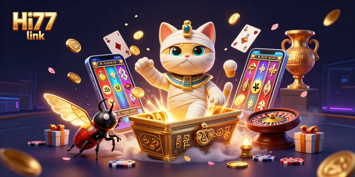 Experience thrilling gameplay with Hi77 link as a mummy cat emerges in a vibrant casino setting.