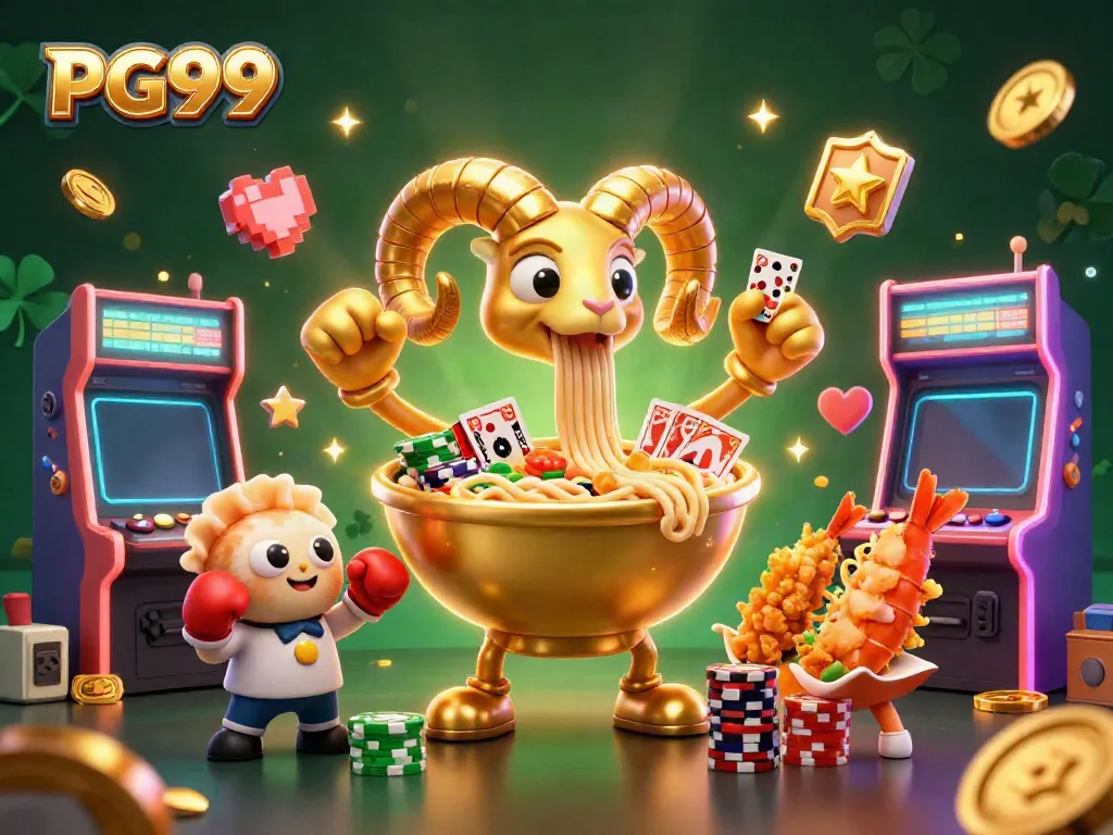 Engage with PG99's colorful 3D casino scene featuring a giant ramen bowl dealer surrounded by vibrant game elements.