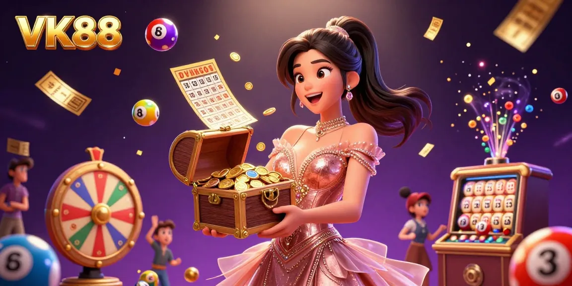 Revel in the excitement at VK88 with a joyful Asian woman showcasing riches from a treasure chest in a vibrant, casino-themed illustration.