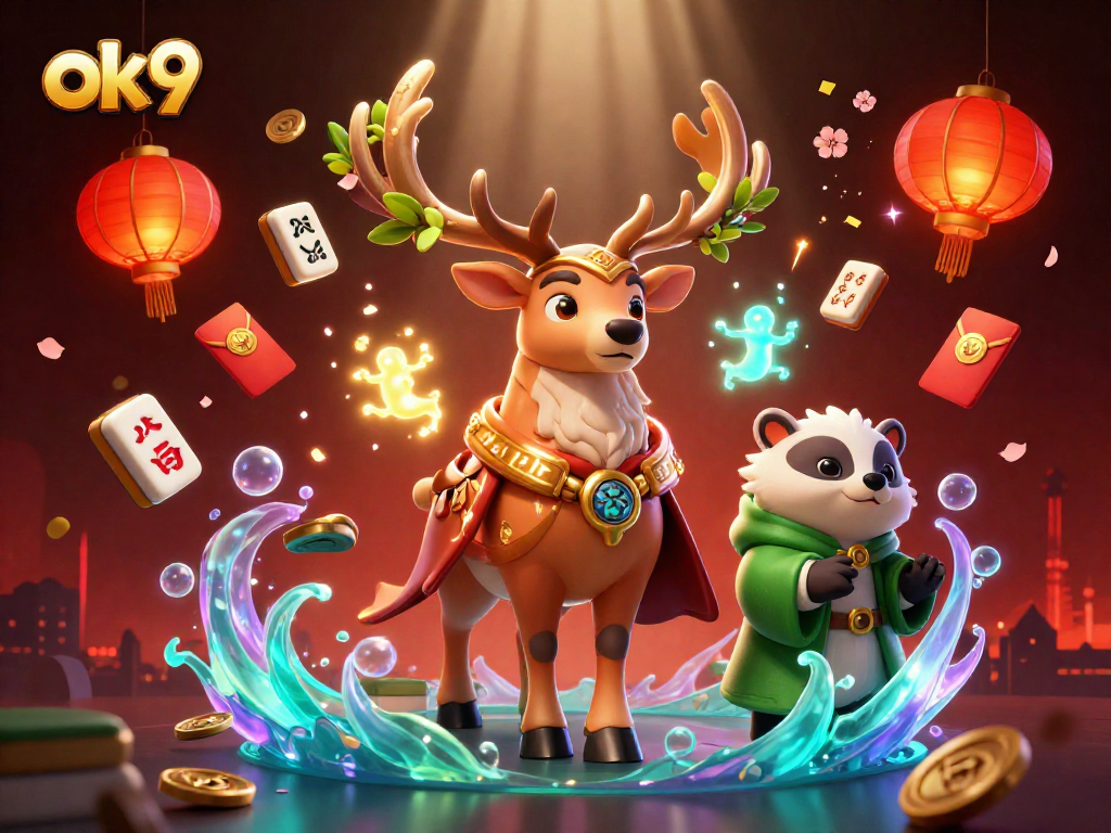 Engage with ok9’s dynamic 3D casino scene featuring vibrant characters and gambling elements.