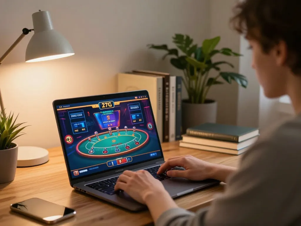 Engaged player exploring 27G online casino games on a laptop at home in a cozy environment.