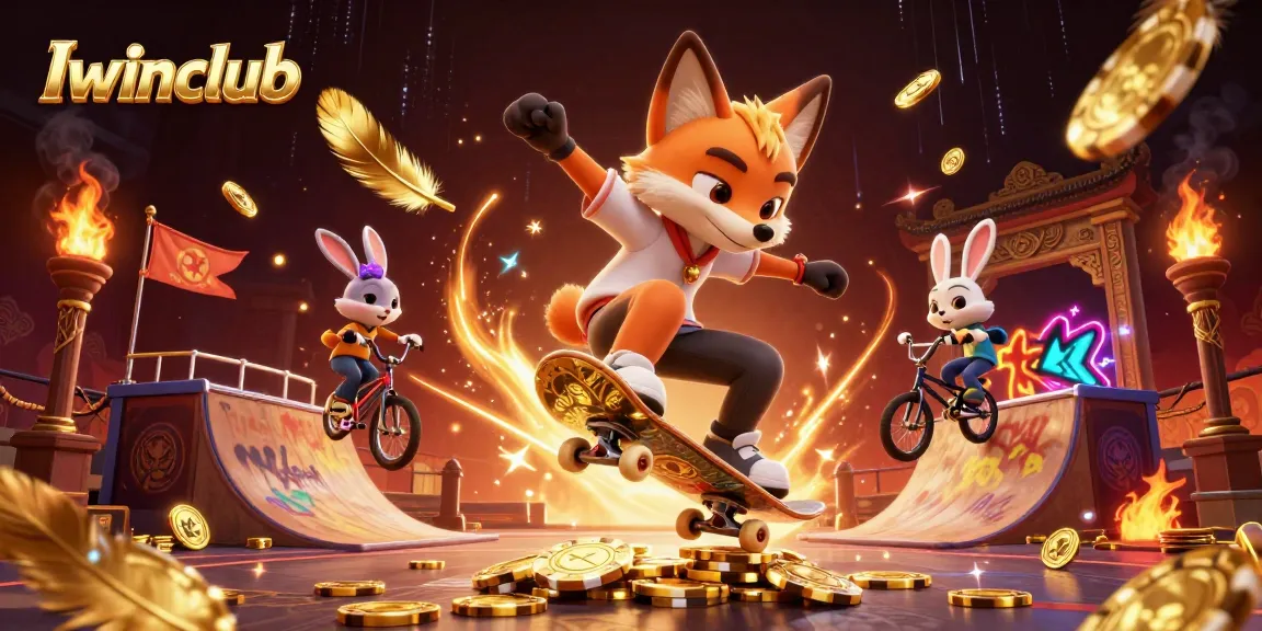 Iwinclub showcases vibrant casino gaming with a skateboarder fox and BMX rabbit in an energetic scene