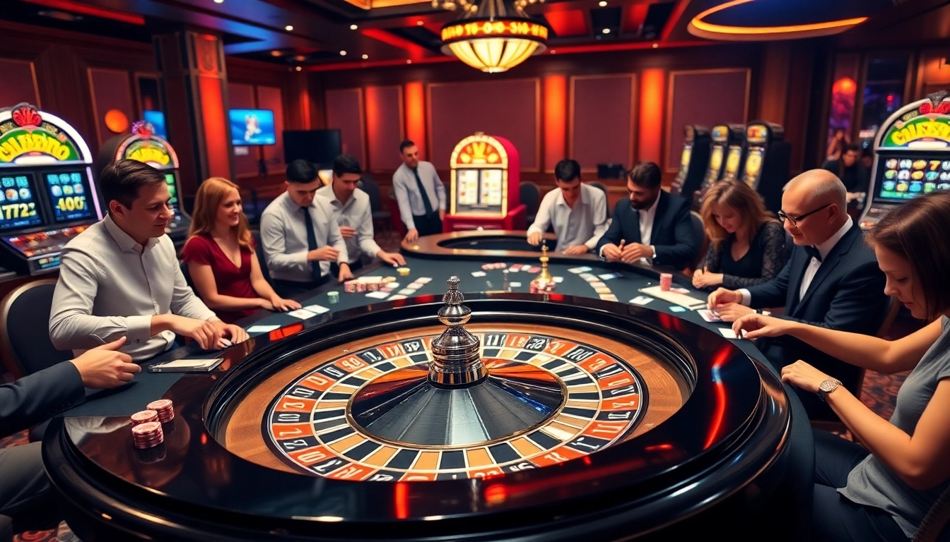 Players engage in a thrilling game at a stylish rikbet casino, with vibrant roulette wheels and poker chips.
