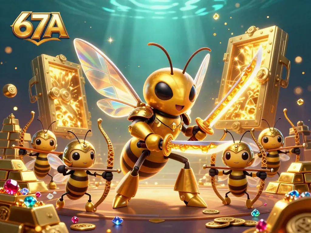 Join the 67A adventure with a samurai hornet and bee archers amidst sparkling casino treasures.
