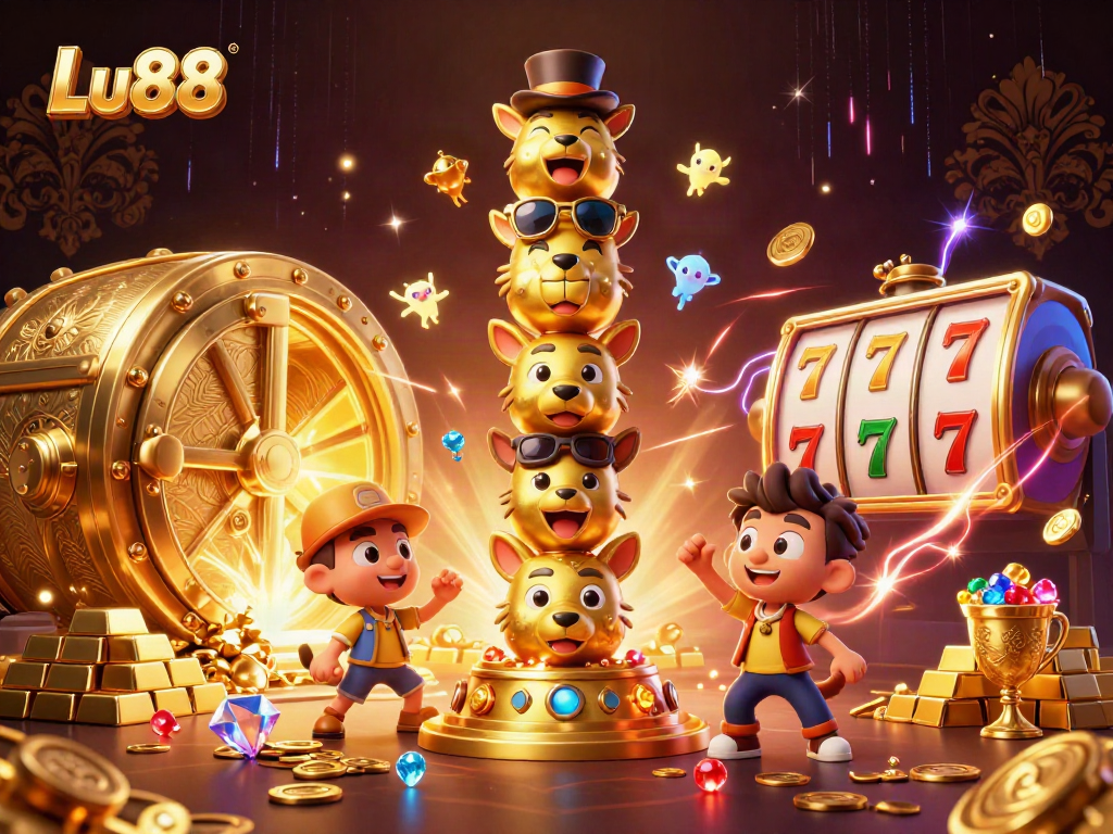 Engage with the vibrant Lu88 casino scene featuring a totem pole, slot reels, and treasure.