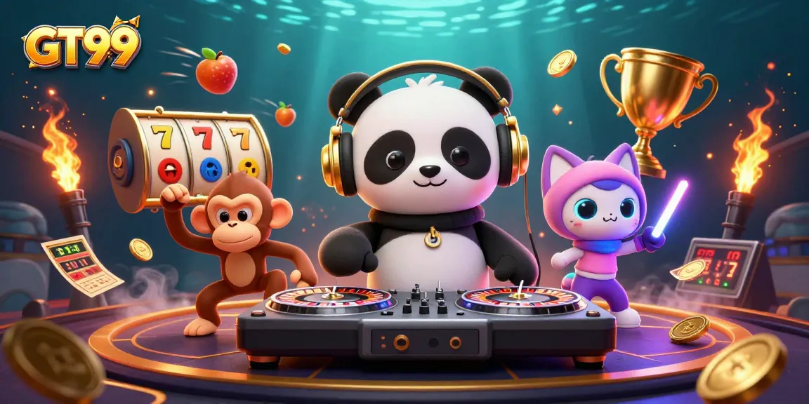 Experience the excitement of GT99 casino with a vibrant scene featuring a DJ panda, breakdancing monkey, and rave kitten.