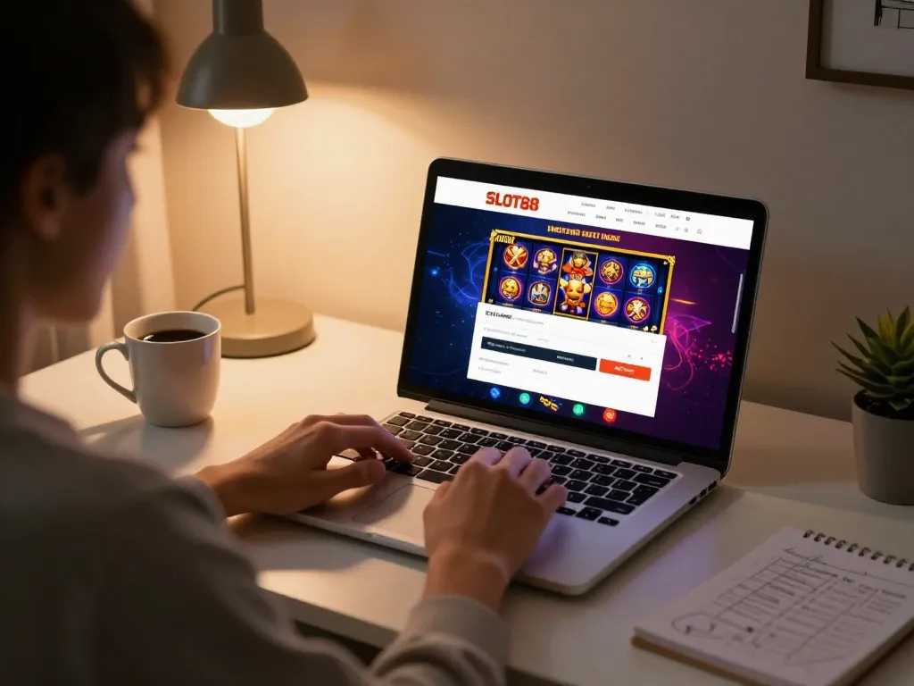 slot88 login on a laptop screen in a cozy home gaming setup with warm lighting