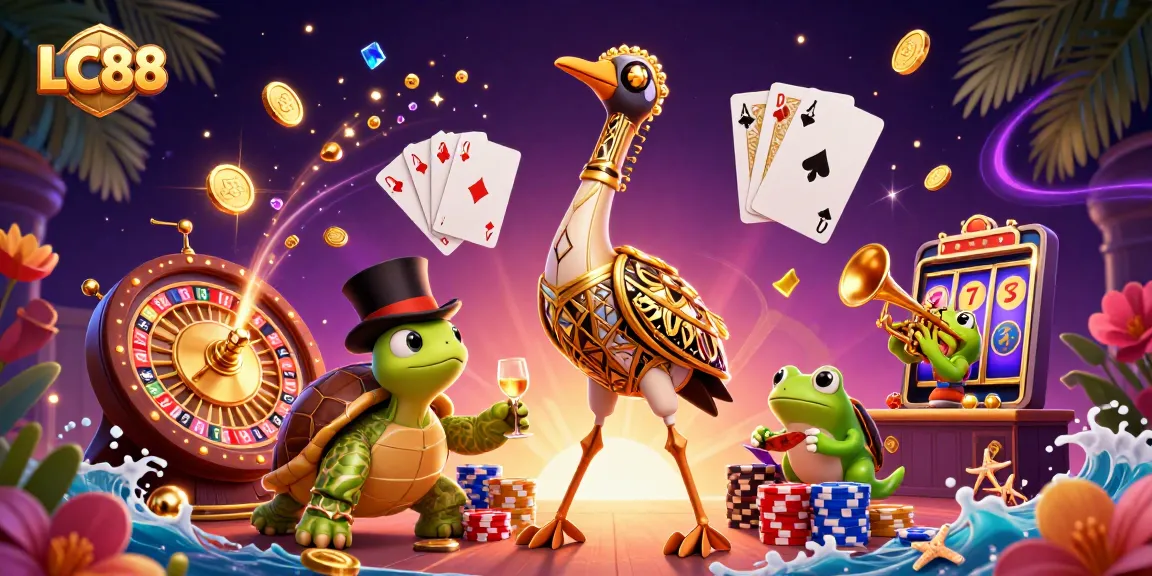 Experience the vibrant energy of LC88 with a dynamic casino scene featuring a top-hat turtle and a trumpet frog.