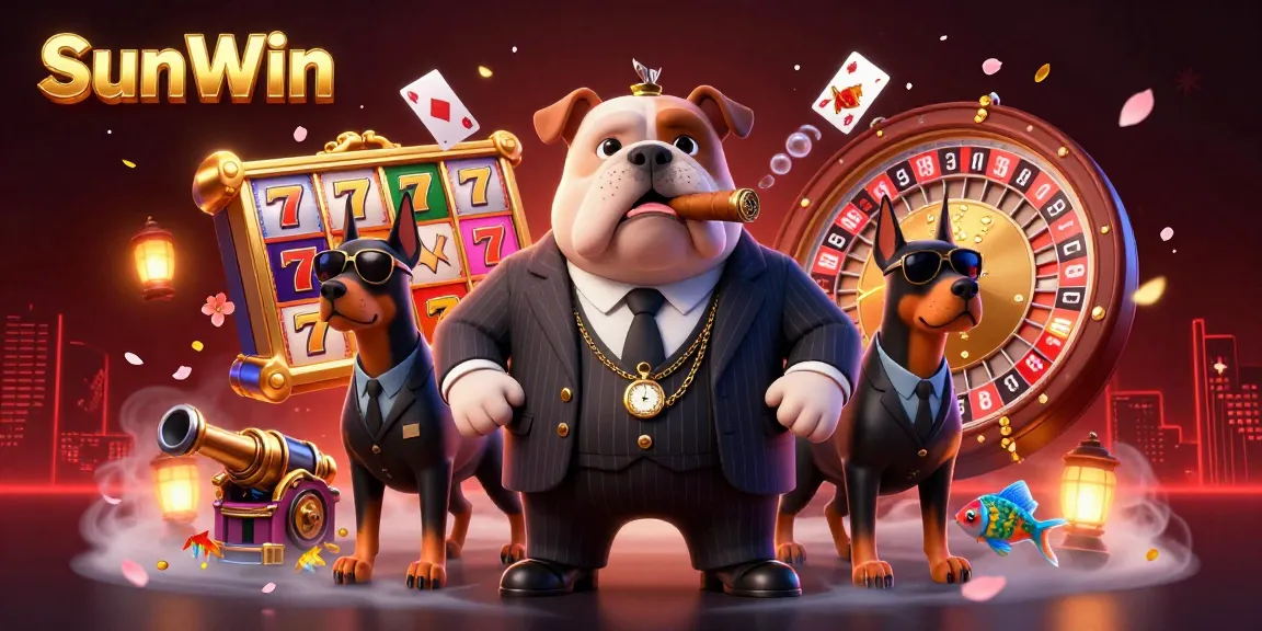 Engaging slot game action at SunWin featuring bulldog in a suit with Dobermans amidst rich casino elements.