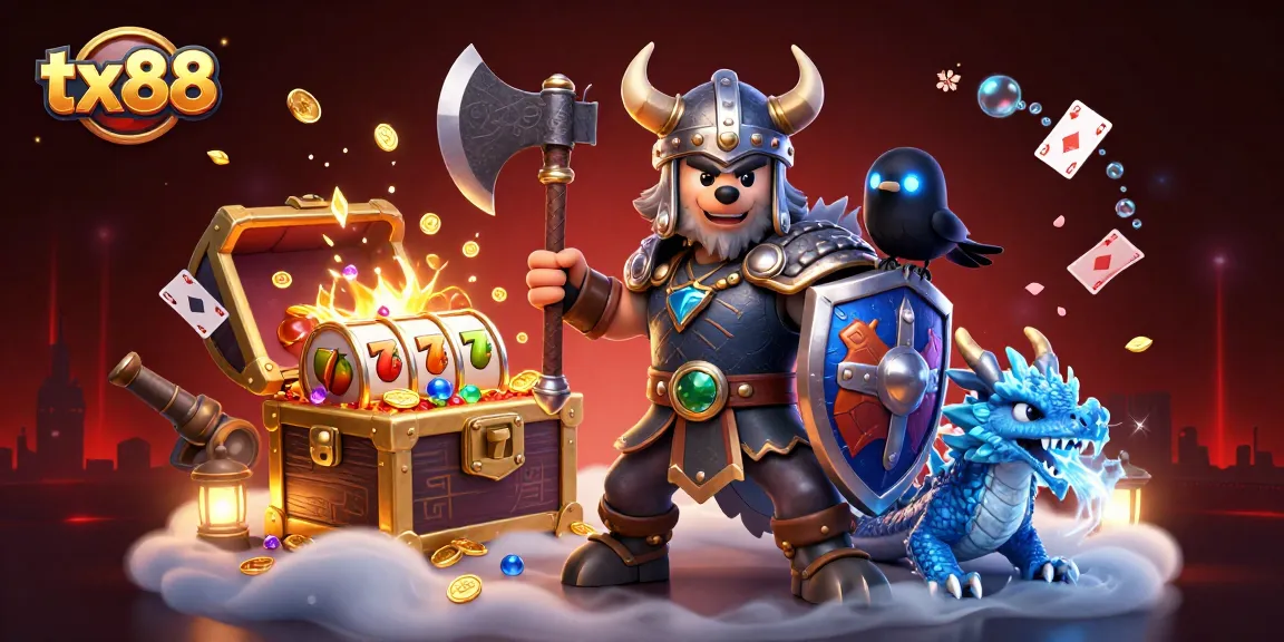 tx88 engaging players with dynamic slot reels, treasure, and heroic characters in an exciting casino setting