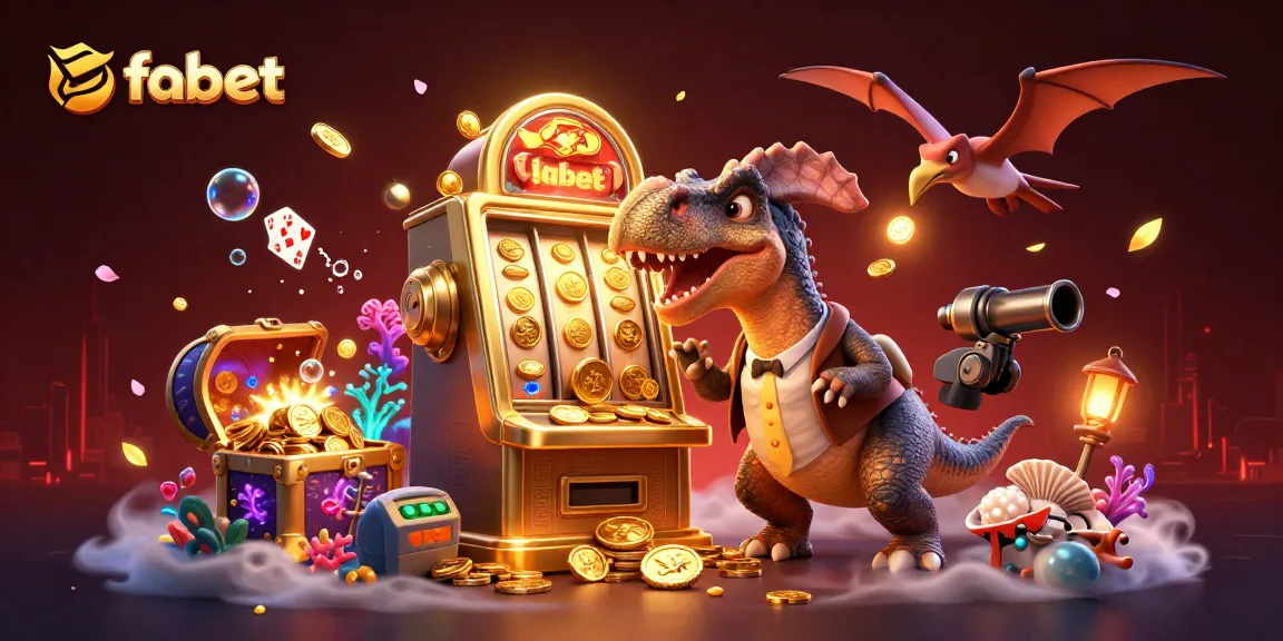 Fabet's vibrant 3D illustration showcases a playful pachycephalosaurus winning at slots amid a swirling casino scene.