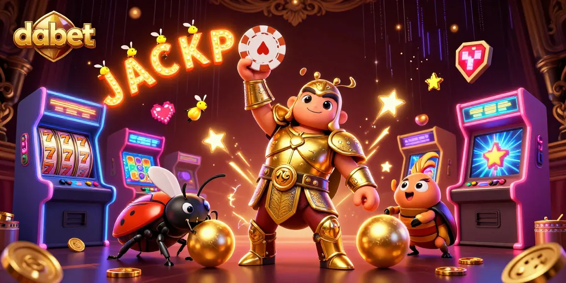 dabet highlights a cartoon beetle lifting a poker chip amid vibrant slot elements and glowing arcade machines