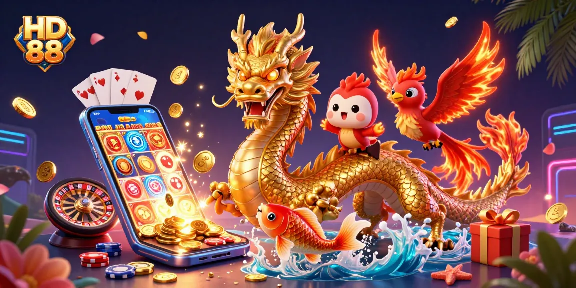HD 88 players engaging with dynamic casino elements, including an animated dragon, phoenix, and koi fish.