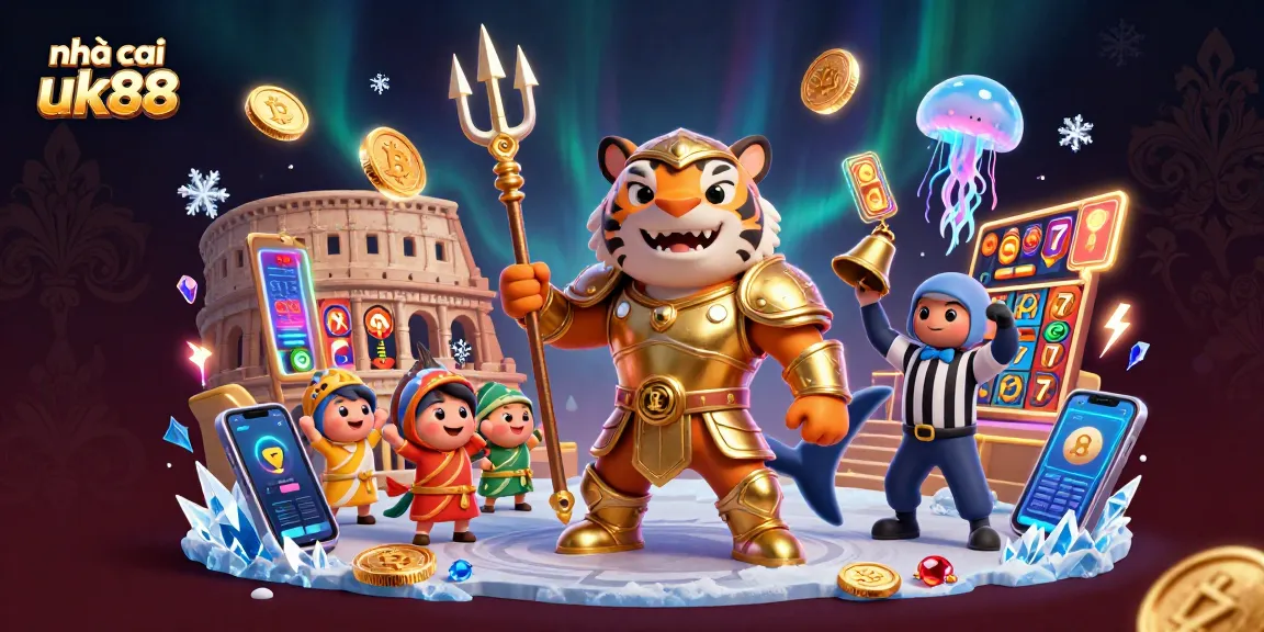 nhà cái uk88 showcases thrilling gameplay with animated characters and crypto-themed elements
