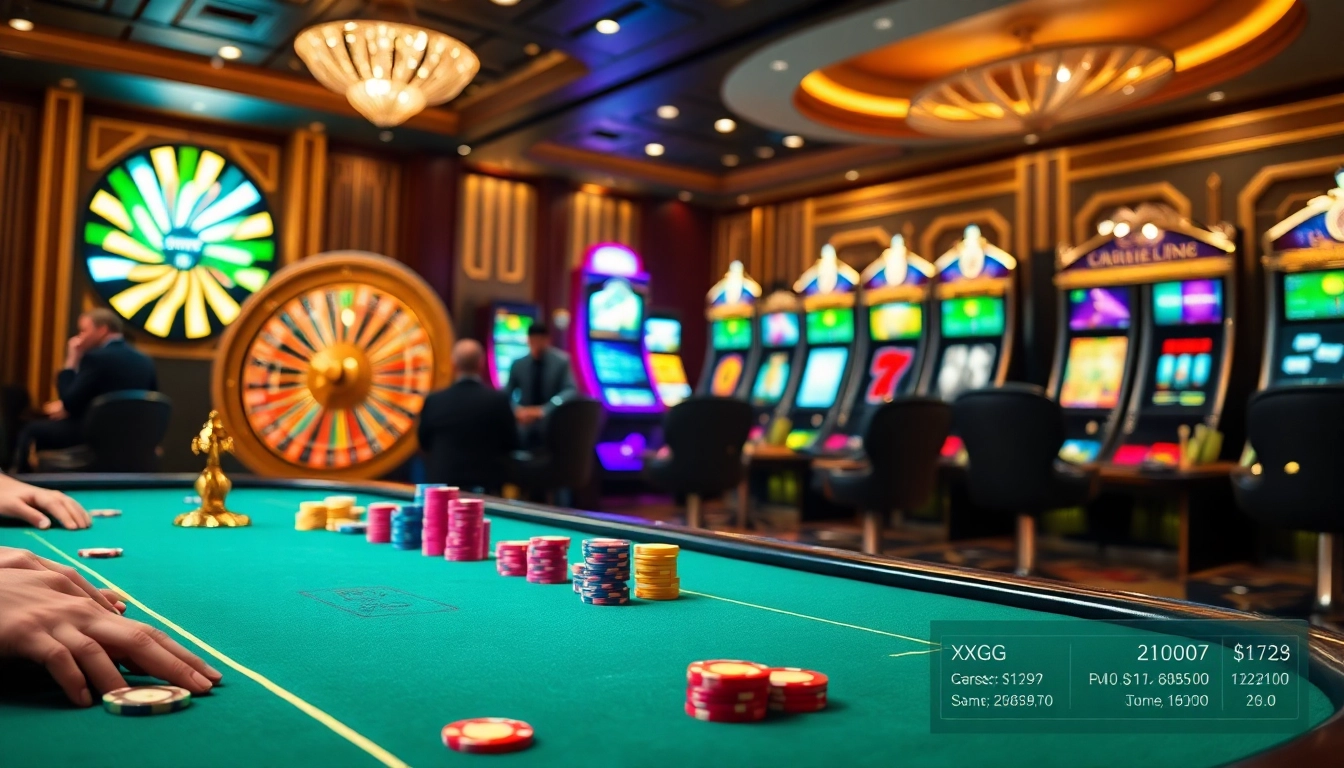 Engaging poker players at a XXGG casino table with vibrant chips and lights.