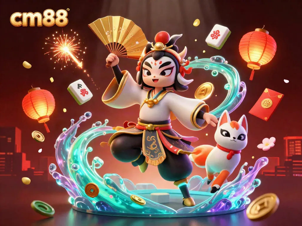 Engage with cm88 through a vibrant 3D scene showcasing kabuki warrior cranes and festive elements.