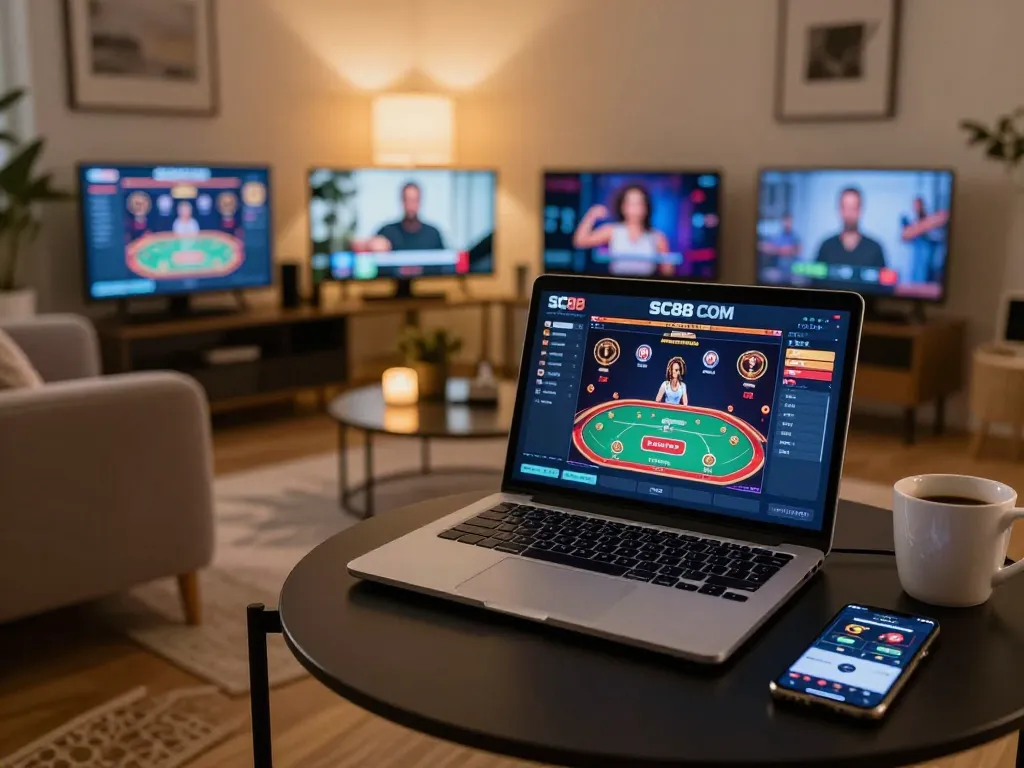 Player engaging with SC88 COM on a sleek laptop, showcasing online casino and betting excitement.
