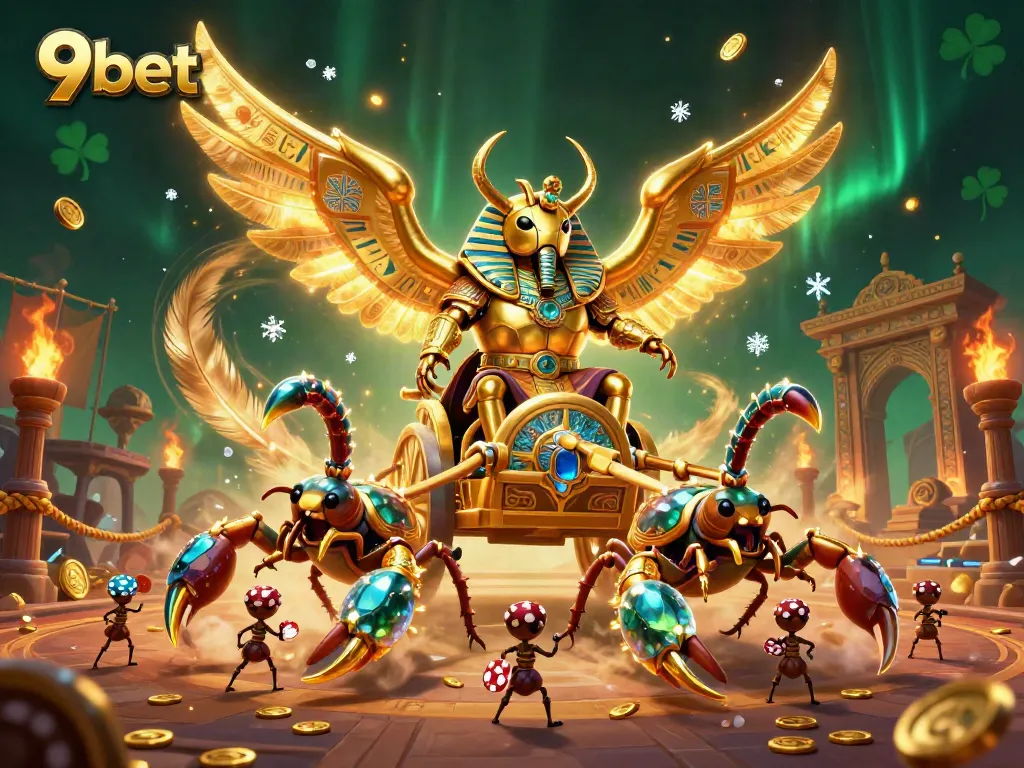 Engage with immersive 9bet gaming experience featuring golden beetle, scorpions, and poker chips.