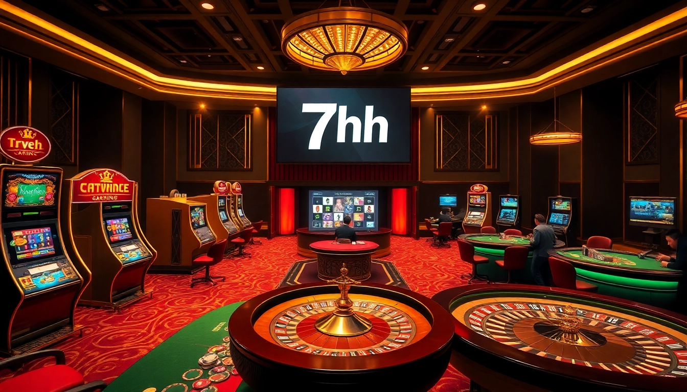 Engaging scene of gamblers at the 7hh casino, highlighting luxurious tables and vibrant slot machines.