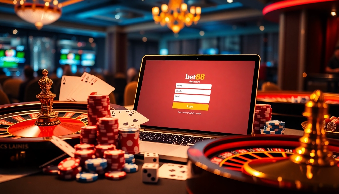 Experience the excitement of Bet88 đăng nhập with vibrant casino elements, including cards and roulette wheels.