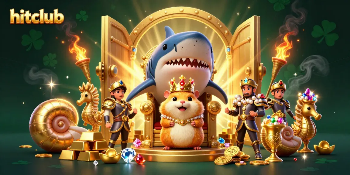 Spin the reels at hitclub, with vibrant treasures and a golden hamster king in a rich casino landscape.