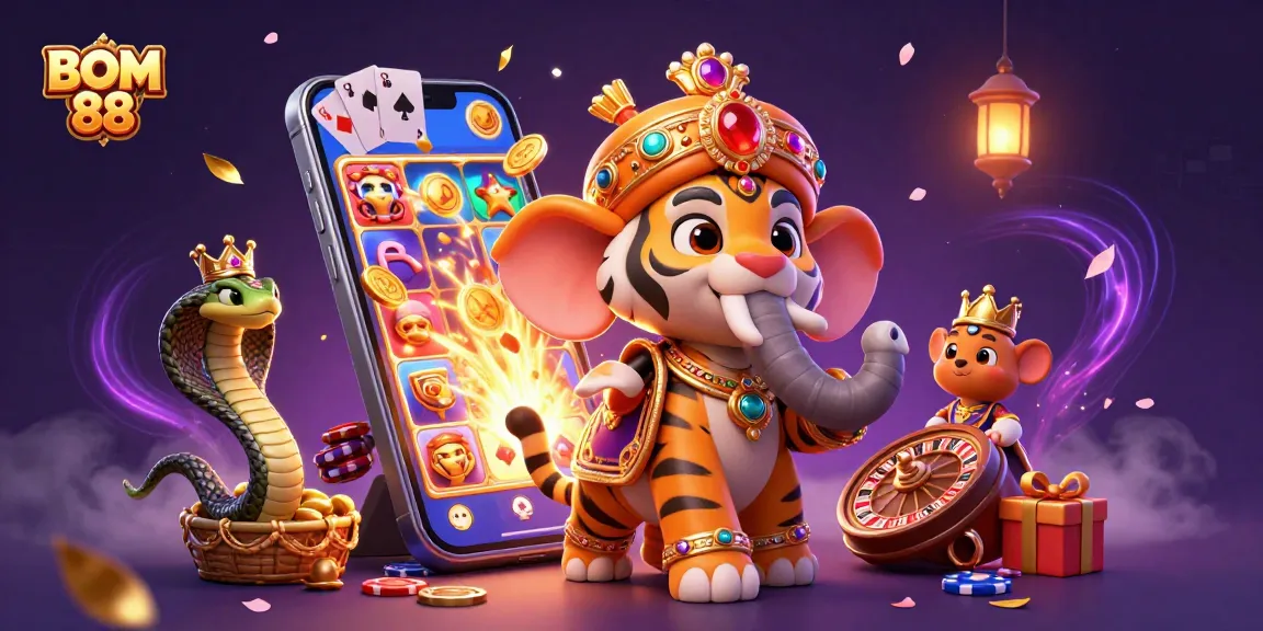 BOM 88 captures the thrilling essence of gambling with a dynamic 3D illustration featuring vibrant slot game elements and a royal presence.