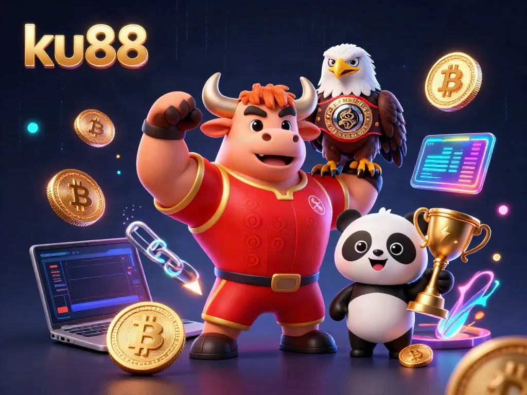 Engage with ku88, featuring a vibrant 3D illustration of a cartoon bull mascot celebrating alongside an eagle and a panda, amid crypto gaming elements.