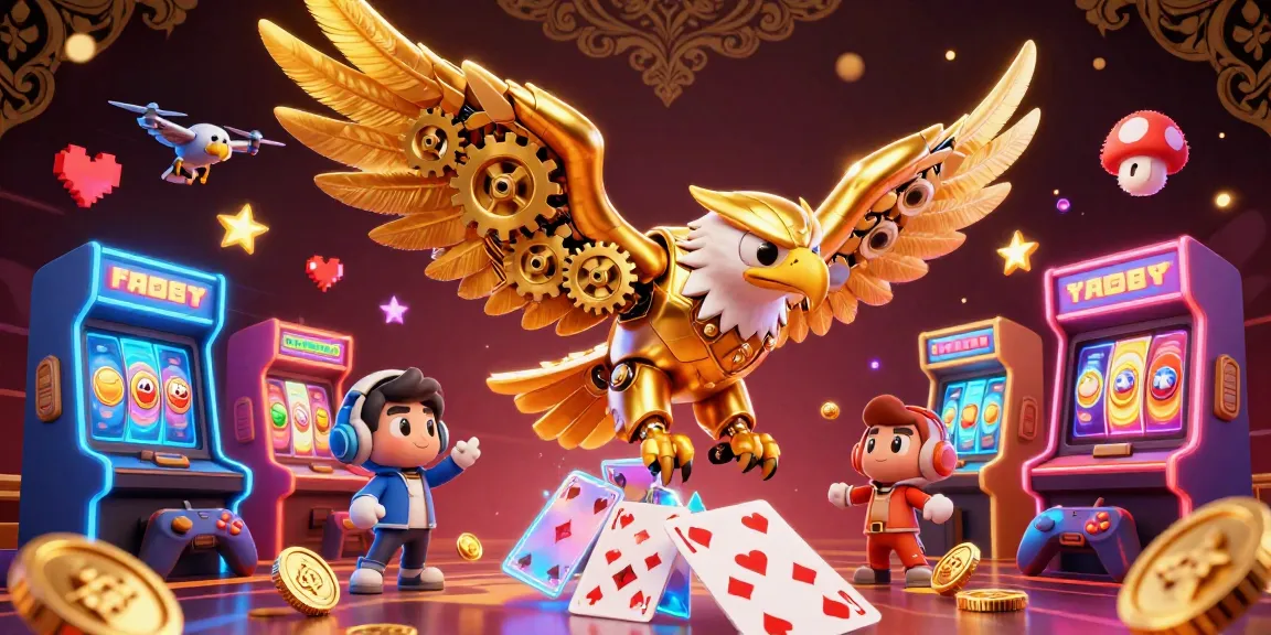 Experience thrilling gameplay with lucky win as a golden eagle soars through cards and arcade elements in this vibrant casino scene.