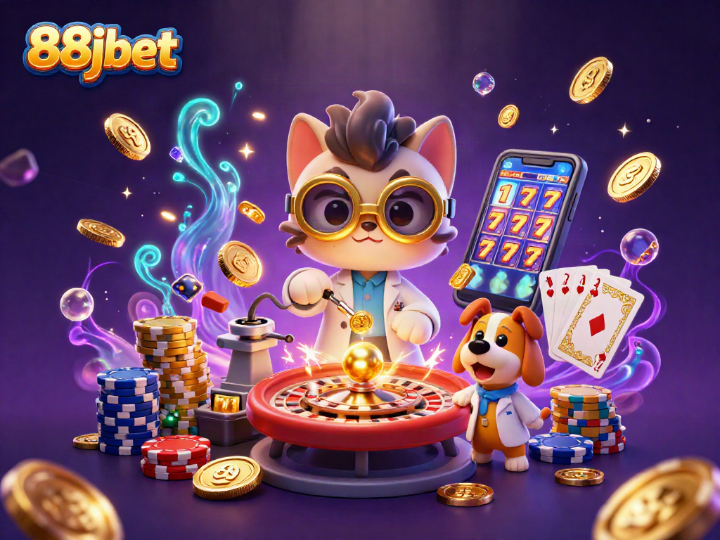 Engage with 88jbet's vibrant casino scene showcasing a mad scientist and dog amidst floating coins.