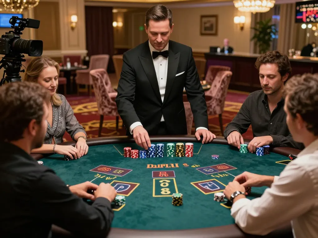 27G players strategizing their next move at an elegant blackjack table in a luxurious casino