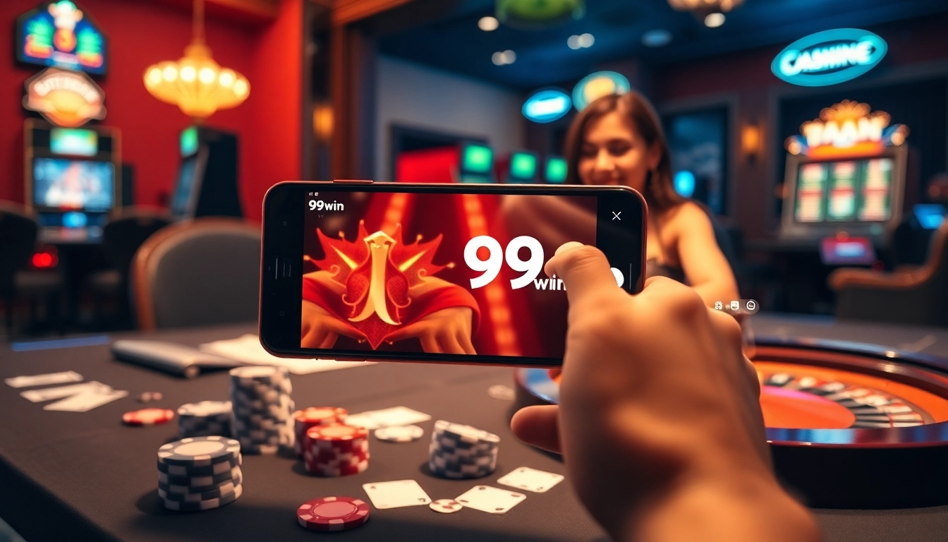 Using the app 99win to place bets at a luxurious casino setup with cards and chips.