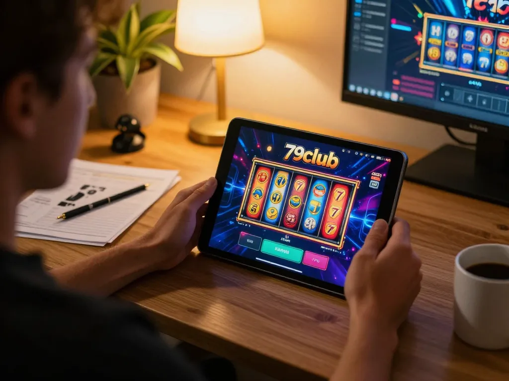 Engaging gaming moment with 79club app displayed on a tablet, highlighting immersive online casino experience