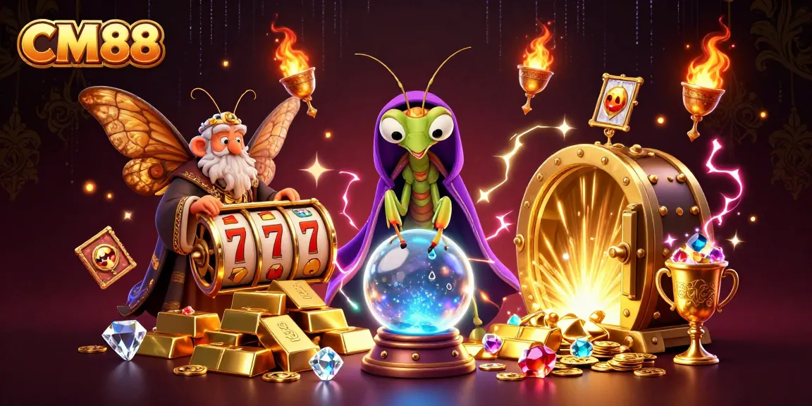 Experience CM88's thrilling slot games with our mystical fortune teller and library keeper in an enchanting scene.