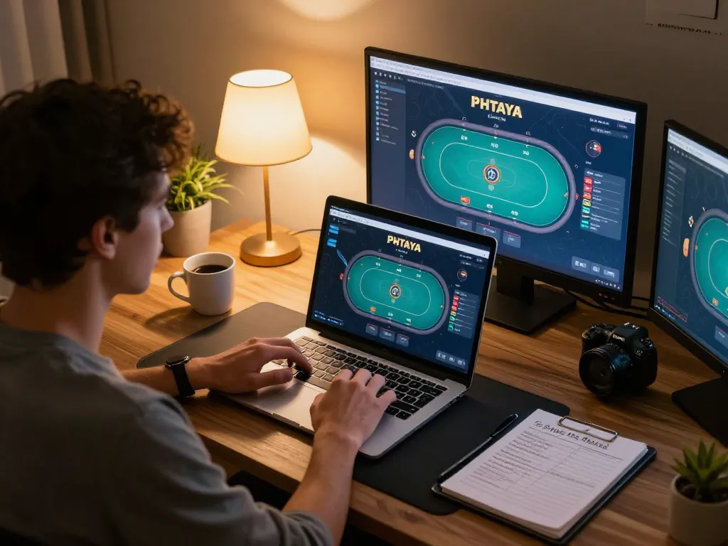 PHTAYA player enjoying an online poker game at home with strategic betting notes.