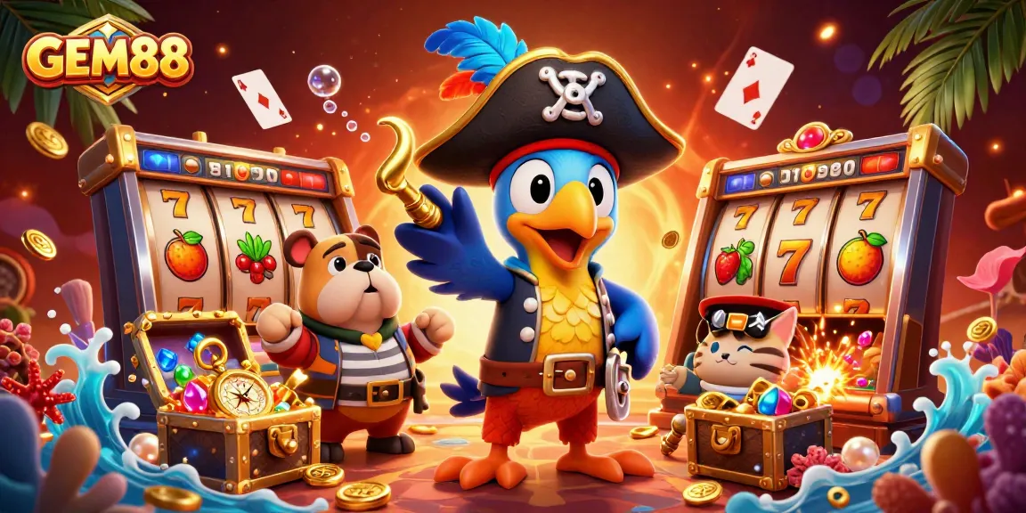 Experience the thrill at GEM88 as colorful slot games and gold coins fill the vibrant casino scene.