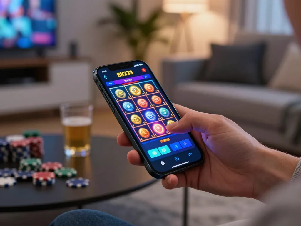 Player enjoying EK333 casino games on a smartphone in a cozy living room setting
