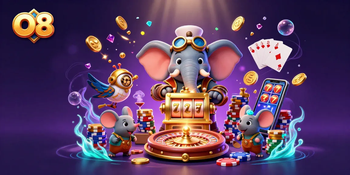 Engage with O8's dynamic casino experience through a cartoon elephant operating a golden slot machine, surrounded by rich game elements.